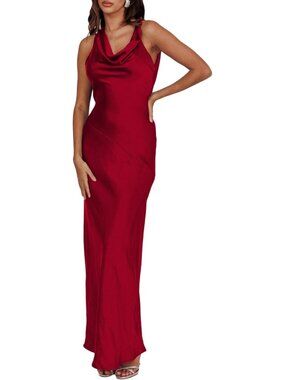 Women's Burgundy Cowl Neck Summer Satin Backless Sleeveless Elegant Maxi Dress